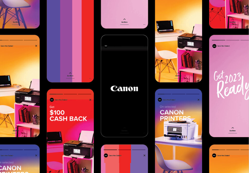 social media screen shots of story examples for the canon campaign. colours used, red, purple, yellow and black. the canon logo featuring with canon products.