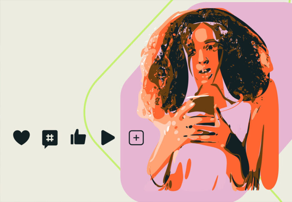 Illustration of a person with curly hair holding a smartphone, surrounded by social media icons like a heart, hashtag, thumbs up, play button, and a plus symbol on a light background.